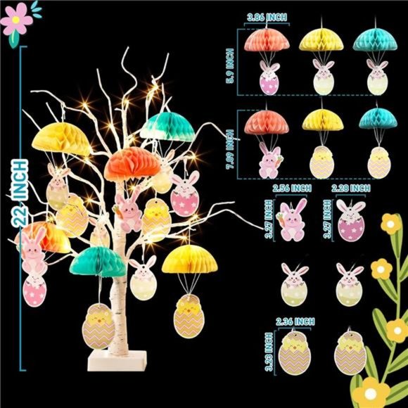 2PK Easter Tree Lights with Honeycomb Bunny & Egg, Battery Powered (2FT, Timer) - Picture 6 of 7